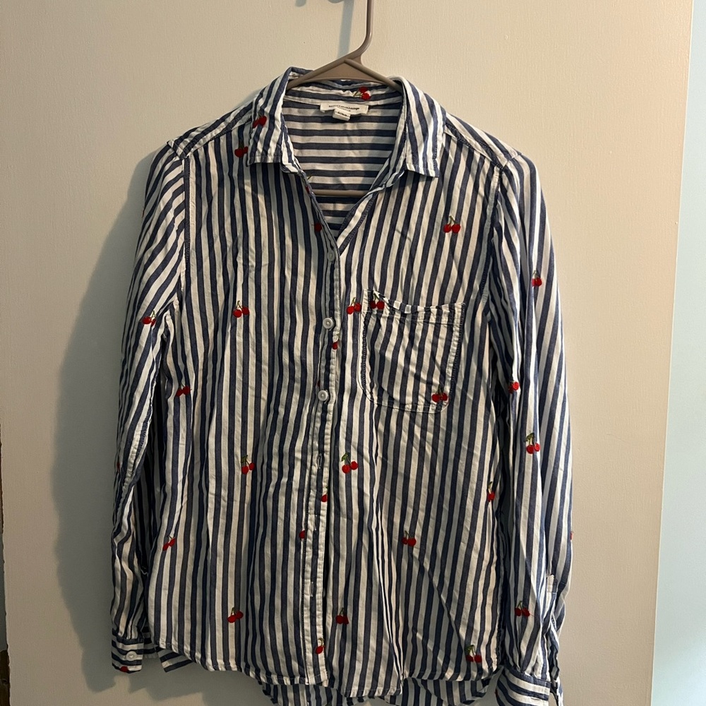 beachlunchlounge Navy and White Striped Shirt with Cherry Detail